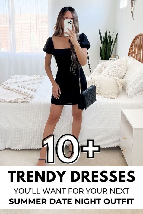 black mini dress summer outfit, trendy summer date night outfit for women, summer date night dress Night Outfits Summer, Summer Date Night Outfits, Summer Date Night Dress, Summer Dinner Outfit, Trendy Date Night Outfit, Summer Night Outfit, Date Night Outfit Summer, Summer Date Night, Spring Trends Outfits