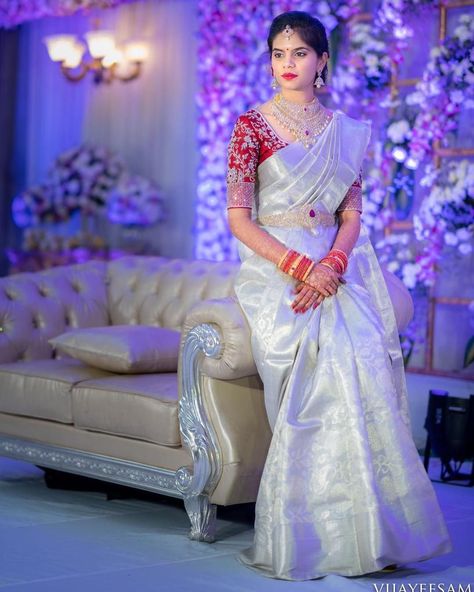 The Most Stunning South Indian Bridal Looks Of 2019! | WedMeGood Lehenga Sari, South Indian Wedding Saree, Bridal Sarees South Indian, Pattu Saree Blouse Designs, Wedding Saree Blouse, Wedding Saree Blouse Designs, Wedding Blouse Designs, Houston Fashion, Silk Saree Blouse Designs