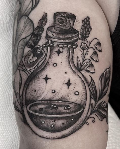 Moon In A Bottle Tattoo, Moon Potion Tattoo, Apothecary Jar Tattoo, Vintage Glass Tattoo, Apothecary Tattoo Ideas, Spell Jar Tattoo, Moonshine Tattoo, Victorian Tattoos, Potion Bottle Tattoo