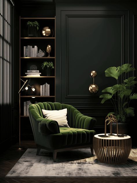 Dark Living Room Ideas, Green Sofa Living, Dark Green Living Room, Green Sofa Living Room, Art Deco Living, Moody Living Room, Art Deco Living Room, Dark Living Rooms, Black Living Room