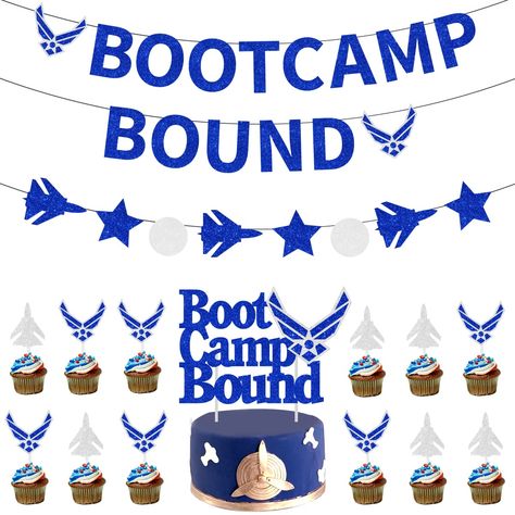 Air Force Decorations, Air Force Bootcamp Bound Party Decorations Glitter Bootcamp Bound Banner, Boot Camp Bound Cake Topper, Air Force Cupcake Topper for Military Emblem Theme Wedding Birthday (As an Amazon Associate I earn from qualifying purchases) Air Force Graduation Party Ideas, Air Force Farewell Party Ideas, Airforce Party, Air Force Decorations Parties, Air Force Decorations, Air Force Party, Air Force Enlistment Party, Air Force Bmt Graduation Banner, Navy Send Off Party Ideas Boot Camp