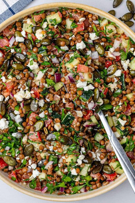 Lentil Salad (Healthy & Delicious) - Cooking With Ayeh Lemon Pesto Lentil Salad, Lentil Bowl, Green Lentil Salad, Bean Salads, 2024 Meals, Lentil Salad Recipes, Lunch Prep, Lentil Dishes, French Lentils