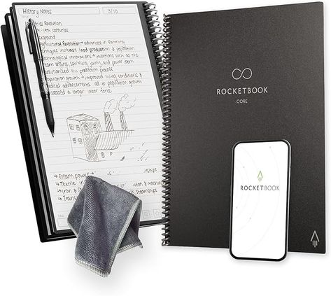 Amazon.com: Rocketbook Core Reusable Spiral Notebook, Letter Size 8.5x11, Black - Lined Pages, App-Connected, Erasable, Durable Cover, Ideal for School, Work, and Creative Projects Frixion Erasable Pens, Pilot Frixion Pens, Sustainable Christmas Gifts, Eco Friendly Christmas Gifts, To Do List Pad, Reusable Notebook, Erasable Pen, Reading Notebook, Science Notebook