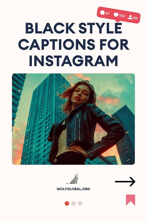 Woman in a leather jacket standing before skyscrapers, promo for Instagram captions.
A checklist of phrases praising black attire, with a button to get more.
A person with a laptop surrounded by social media icons and an Instagram pod promotion. Black Captions, Style Captions, Badass Captions, Savage Captions, Outfits Quotes, Black Blazer Outfit, Black Instagram, Pitch Dark, Black Attire