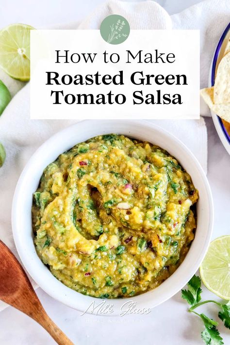 Spice up your tacos and nachos with the vibrant, tangy flavors of this roasted green tomato salsa recipe. It's a great way to end tomato season and a delicious solution for utilizing those extra green tomatoes from the garden! Salsa With Green Tomatoes, Small Green Tomato Recipes, Preserving Green Tomatoes, Green Cherry Tomatoes Recipes, What To Make With Green Tomatoes, Tobasco Recipe, Green Cherry Tomato Recipes, What To Do With Green Tomatoes, Green Tomatoes Salsa