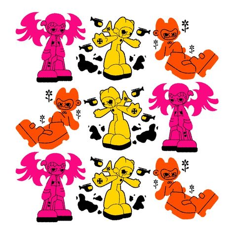 Y2k Characters Drawing, Y2k Character Design, Y2k Illustration, Y2k Cartoon, Doodle Characters, Note Doodles, Character Model Sheet, Riso Print, Japanese Graphic Design