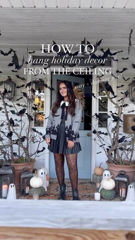 🦇🔨HOW TO hang holiday decor from the ceiling!🔨🦇SAVE this for a step by step guide for easy, strong, and damage free ceiling hanging for any holiday decor! Comment CEILING below to get the supplies links sent to you! This the method I’ve been using for myself and all my clients this year! @tryalientape is my go-to for holiday decorating (not sponsored, I just really love it)! Let me know if you have any questions below! #gatheredlivingfall #gatheredlivinghome . . . . . #diyreel #howtoreel #ha Halloween Decorations Ceiling, Diy Halloween Chandelier Decor, Halloween Chandelier Decor, Halloween Ceiling Decorations, Halloween Ceiling, Decorate Chandelier, Halloween Chandelier, Chandelier Decor, How To Hang