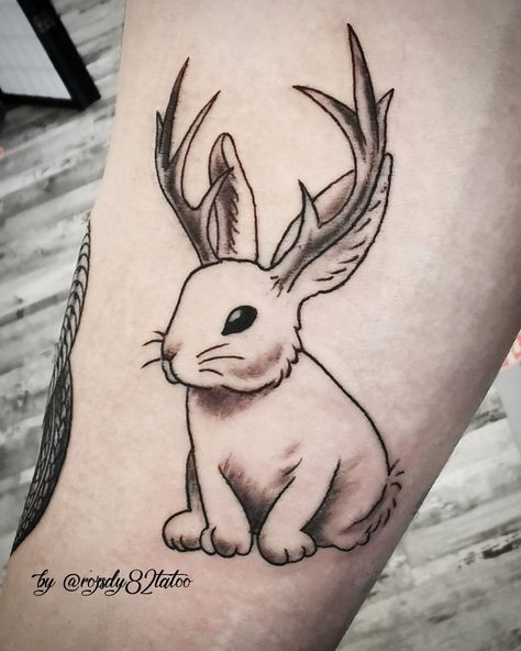 Rabbit With Horns Tattoo, Easter Tattoo Ideas, Evil Bunny Tattoo, Bunny Skull Tattoo, Traditional Bunny Tattoo, Jackrabbit Tattoo, Jack Rabbit Tattoo, March Tattoos, Bunny Rabbit Tattoo