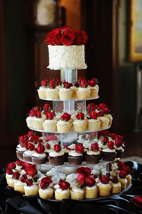 Totally Unique Wedding Cupcake Ideas ❤ See more: http://www.weddingforward.com/unique-wedding-cupcake-ideas/ #weddings Wedding Cupcakes, Cake With Cupcakes, Red And White Weddings, Wedding Treats, Tiered Cake, Cupcake Tower, Wedding Cakes With Cupcakes, Wedding Forward, Wedding Checklist