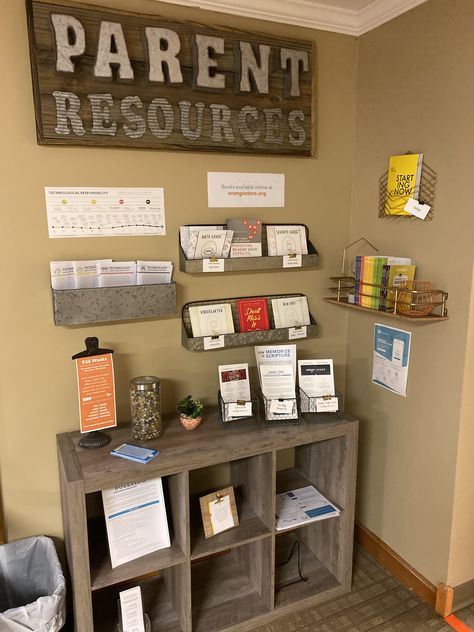 Parent Resource Room Schools Ideas, Daycare Center Room Ideas, School Conference Room Decor Ideas, Ministry Office Design, Front Office Decor Reception Areas For School, Parent Center Ideas Schools, Pastoral Office Ideas, Parent Resource Room, High School Office Bulletin Board Ideas