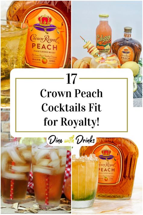 Collage of 4 crown peach cocktails. Peach Crown Drinks Recipes, Crown Peach Drinks Recipes Cocktails, Crown Royal Peach Drinks Recipes, Peach Crown Royal Recipes, Crown Peach Drinks, Crown Peach Drink Recipes, Drinks With Peach Crown Royal, Crown Peach Cocktail Recipes, Peach Crown Drinks