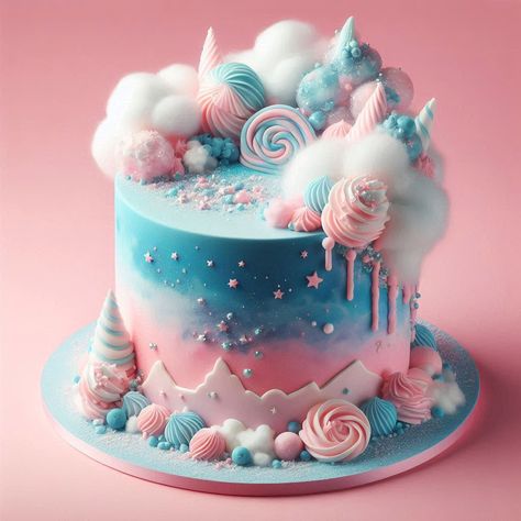 Layer cake design, meringue, cotton candy, ai generated Cotton Candy Cake Design, Cotton Candy Cloud Cake, Cotton Candy Cake Ideas, Squishmallows Cakes, Cloud 9 Birthday Cake, Candy Cake Ideas Birthday, Cloud 9 Cake, Underwater Cakes, Cotton Candy Birthday Cake