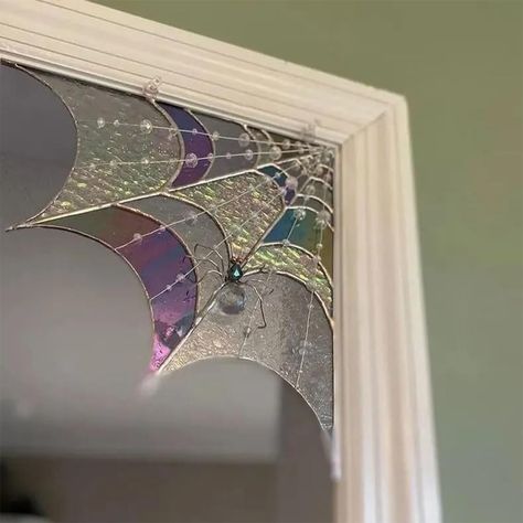 Hanging Door Decorations, Whimsical Goth Home Decor, Nerdy Wall Decor, Whimsy House Decor, Stained Glass Cobweb, Halloween Spider Decor, Witch Apartment Decor, Funky Fall Decor, Gothic Entryway Decor