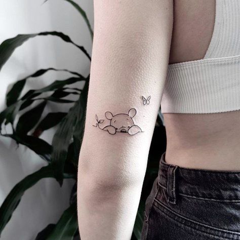 Winnie The Pooh Mother Daughter Tattoo, Small Winnie The Pooh Tattoo Simple, Small Tattoos Winnie The Pooh, Dainty Winnie The Pooh Tattoo, Simple Pooh Bear Tattoo, Tiny Winnie The Pooh Tattoo, Winnie The Pooh Inspired Tattoos, Disney Tattoos Fine Line, Pooh Eeyore Tattoo