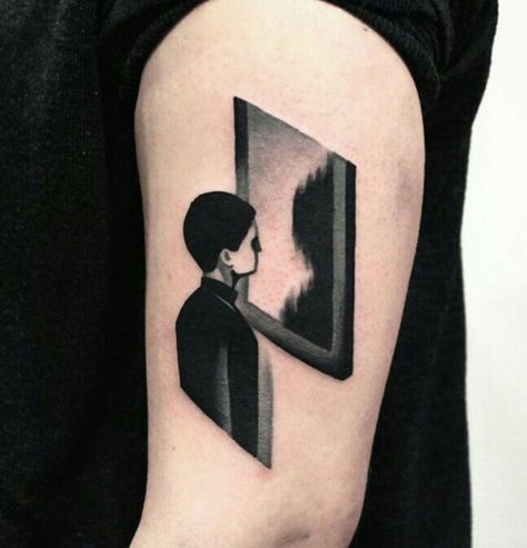 Forearm Tattoo Blackwork, Reflection Tattoo Mirror, Self Reflection Tattoo Ideas, Man In The Mirror Tattoo, Introspective Tattoo, Mirror Tattoo Reflection, Black Box Tattoo, Self Reflection Tattoo, Black Mirror Tattoo