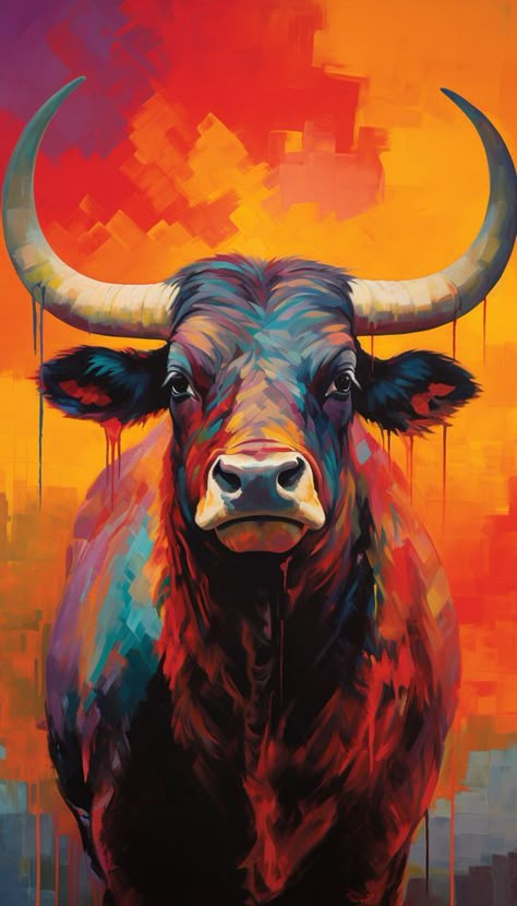 Diary Ideas Creative, Art Diary Ideas, Colorful Animal Paintings, Bull Painting, Bull Art, Animal Portraits Art, African Art Paintings, Cow Painting, Diary Ideas