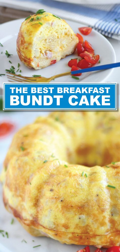 The BEST Breakfast Bundt Cake Recipe! For brunch or just a yummy breakfast for your family, this easy egg dish baked in a beautiful bundt cake pan will leave everyone full and happy! A great breakfast idea for the holidays too. Breakfast Bundt Cake With Eggs, Easy One Dish Breakfast, Egg Casserole In Bundt Pan, Bunt Breakfast Casserole, Brunch Bundt Cake, Springform Pan Recipes Breakfast, Egg Bundt Casserole, Eggs Brunch Recipes, Easy One Pan Breakfast Bake