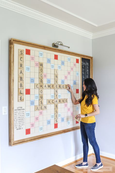 How To Make A DIY Giant Wall Scrabble Game Board | #DIY #diyhomedecor #scrabble #games #entertainment His And Her Bathroom And Closet, Playroom Entryway Ideas, Board Game Storage Dining Room, Game Tables In Basement, Bumper Pool Table Game Rooms, Small Recreation Room Ideas, Diy Bar Games, Basement Bar Game Room, Game Shop Design Ideas