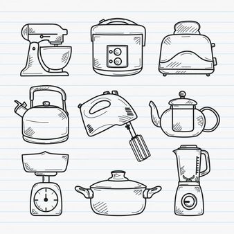 Kitchen Tools Drawing, Restaurant Cartoon, Utensils Drawing, Furniture Sketches, Kitchen Sketch, Kitchen Cartoon, Cartoon Kitchen, Cooking Icon, Recipe Book Design