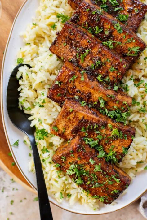 Balsamic Tofu Steaks - Nasoya Balsamic Tofu, Tofu Steaks, Tofu Steak, Plant Based Diet Recipes, Rice Pilaf, Extra Firm Tofu, Savory Vegan, Low Sodium Soy Sauce, Tofu Recipes