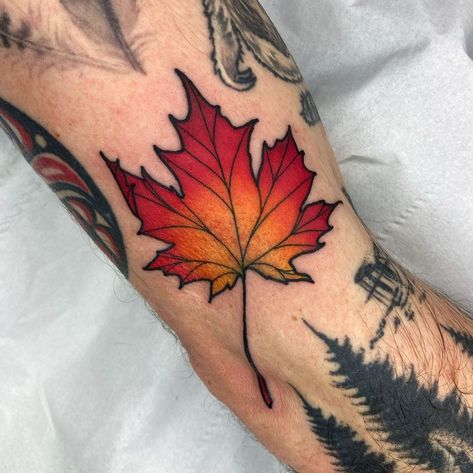 Sophie Annison on Instagram: “Never get bored of tattooing leaves 🍁 thank you Joe! . . . . . #leaf #leaftattoo #leavestattoo #mapleleaf #mapleleaftattoo #autumnleaf…” Traditional Tattoo Leaves, Leaf Tattoo Ideas, Maple Leaf Tattoos, Wolf Tattoo Forearm, Fall Leaves Tattoo, Art Inspired Tattoos, Neo Tattoo, Stars Tattoo, Autumn Tattoo