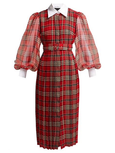 2020 Aesthetic, Puff Sleeve Midi Dress, Emilia Wickstead, Dress Royal, Red Chiffon, Pleated Chiffon, Tartan Dress, Clothes Women, Pleated Midi Dress