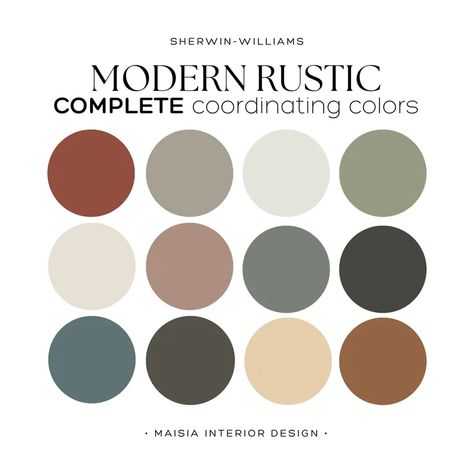 Sherwin Williams Color Palette MODERN RUSTIC Color Palette Whole House Paint Color Rustic Modern Paint Palette Whole Home Palette Idea - Etsy Rustic Home Colour Palettes, Modern Rustic Colors Palette, Fall House Color Scheme, Bathroom Paint Colors Dark Cabinets, Earthy Office Colors, Whole House Aesthetic, Black Paint Color Palette, Paint Colors That Go With Rust Color, Rustic Farmhouse Wall Colors