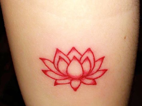 Red ink lotus tattoo Small Red Lotus Tattoo, Red Ink Lotus Tattoo, Red Water Lily Tattoo, Lotus Flower Tattoo Red Ink, Lotus Flower Tattoo Small Simple, Water Lotus Tattoo, Lotus Flower Tattoo On Back, Lotus Flower Tattoo Red, Lotus Tattoo Design For Women