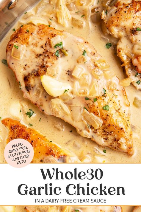 This creamy garlic chicken is out-of-this-world delicious and seriously might be my favorite Whole30 recipe ever! Packed with savory flavors and tons of rich, roasted garlic, the tender chicken and creamy sauce just put it all over the edge. Serve over mashed potatoes or cauliflower and sink in. Whole Food 30 Recipes, Essen, Whole30 Potato Recipes, Antiinflammatory Meals Chicken, Whole 30 Snack Ideas, Whole 30 Recipes Chicken, Whole 30 Crockpot Chicken, Simple Whole 30 Recipes, Paleo Chicken Thigh Recipes