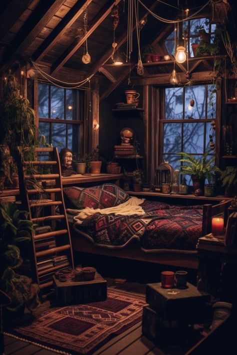 Green Witch Bedroom, Homestead Cottage, Witchy Bedroom Ideas, Bloxburg Inspiration, Casa Fantasy, Witchy Bedroom, Witchy House, Magical House, Witch Room