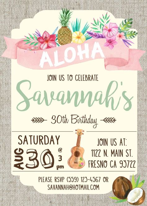 Hawaiian Luau Birthday Party, Luau Birthday Party Invitations, Aloha Birthday, Hawaiian Invitations, Luau Party Invitations, Sweet 17, Aloha Party, Luau Birthday Party, Hawaiian Luau Party