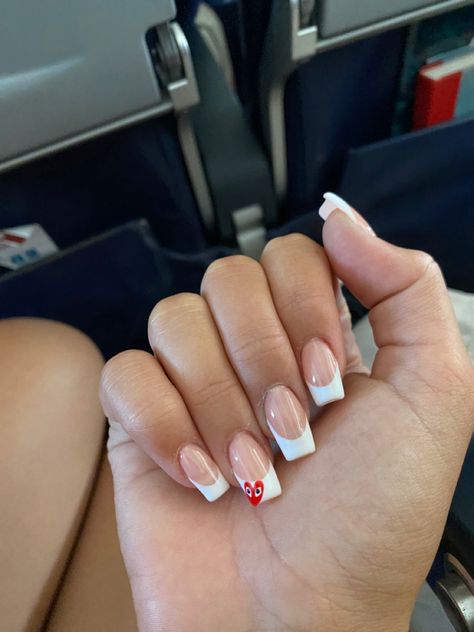 #frenchnails #nailinspo #cdgheartnails Nails Cdg Heart, White French Tip Valentine Nails, White French Red Heart, Play Heart Nails, Cdg Heart Nails, Heart Nails French Tip, Nails Corte, Heart Nails French, Nails French Tip Pink