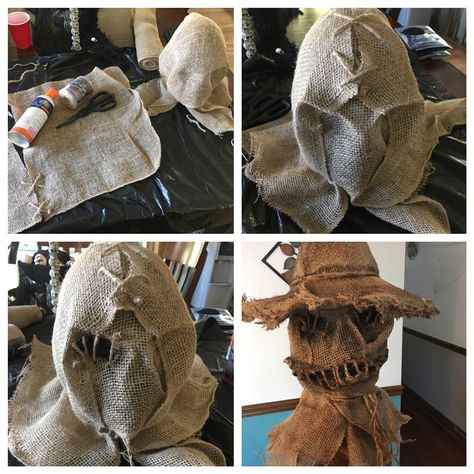 My version of a Scary Scarecrow mask. I used burlap, adhesive spray, twill string, a styrofoam mannequin head, a cowboy hat from goodwill, and paint. The adhesive spray really helped in shaping the features. Loved how this turned out! Now to create his body.. stay tuned Scarecrow Mannequin Ideas, Diy Scarecrow Head Ideas, Diy Halloween Scarecrow Decoration, Burlap Halloween Mask, Diy Scary Scarecrow Costume, Scarecrow Head Ideas, Scarecrow Mask Diy, Scarecrow Costume Scary, Mannequin Head Halloween Ideas