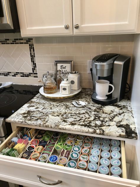 Keurig countertop coffee, tea & hot chocolate station Cute Keurig Station, Keurig On Countertop, Corner Countertop Coffee Bar Ideas, Coffee Station On Countertop, Coffee Corner Ideas Countertop, Coffee And Tea Station Countertop, Keurig Coffee Station On Counter, Keurig Station, Countertop Coffee Station