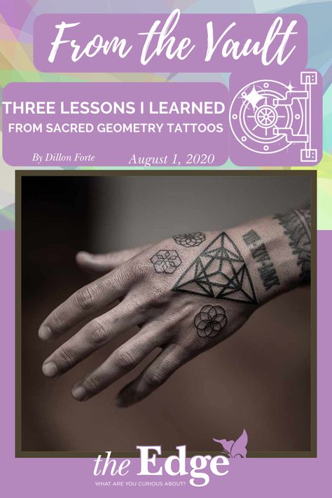 Read about Three Lessons Learned from Sacred Geometry Tattoos in this article from The Edge Magazine. #highervibtaion #TheEdgeMagazine #SacredTattoos #Tattoos Sacred Geometry Tattoo Women, Consciousness Tattoo, Sacred Geometry Meanings, The Golden Mean, Divine Proportion, Vitruvian Man, Collective Consciousness, Sacred Geometry Tattoo, Sacred Geometric