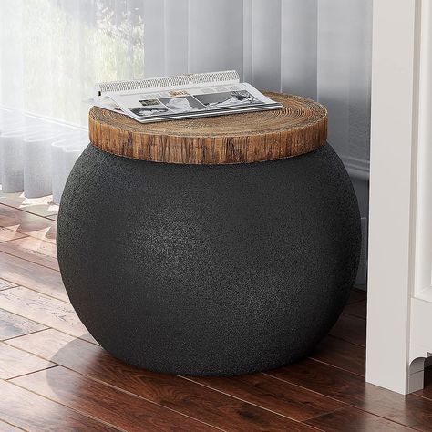 PRICES MAY VARY. ✅【Unique Drum Shaped Design】: The walnut colored faux wood tabletop complement with the black jar shaped base, outlines and innocent and rustic beauty. A perfect side table for patio, porch, balcony, living room or next to the sofa and chair, bring warm atmosphere to your home. ✅[High Quality and Durable]:This side table is crafted from high-quality MgO composite material, which is resistant to water and high temperature, and can adapt to complex and changing weather conditions. Side Tables In Living Room, Couch End Table, Concrete End Table, Decorative Side Table, Plant Stool, Drum End Table, Side Table Plant, Shaped Coffee Table, Tree Stump Table