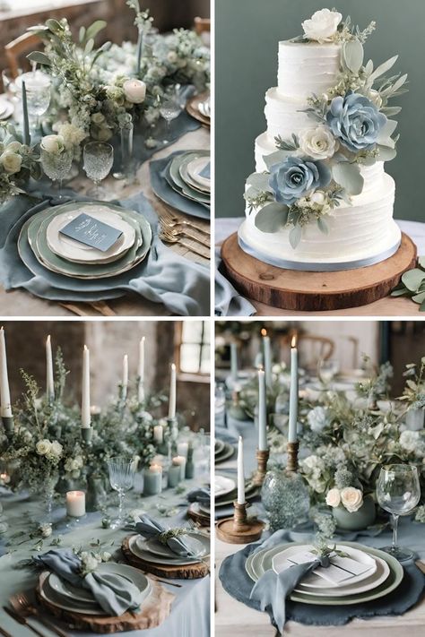 Siege Green Wedding, Eucalyptus And Sage Color Palette, Sage Blue And Gold Wedding, Dusty Blue Green Wedding, Winter Wedding Blue And Green, Blue And Sage Wedding Theme, Wedding Idea Colors, Winter Wedding Ideas Rustic Sage Green Dusty Blue, Dusty Blue And Sage Wedding Theme