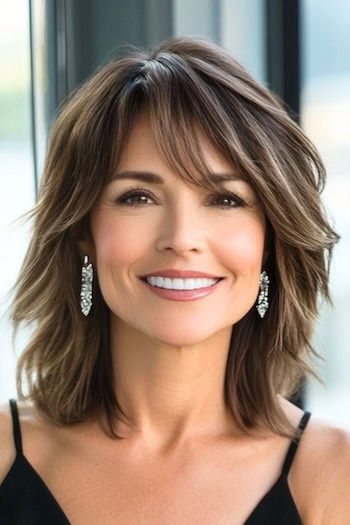 Save this pin for the best medium-length hairstyles for women over 50 with bangs. This choppy layered lob with bangs delivers a stylish, contemporary energy. The uneven layers bring texture to the forefront, giving your hair a vibrant, tousled effect. Layered Hair Medium Balayage, Short Layered Haircuts Medium Length, Medium Layered Haircuts For Me, Modern Feathered Hairstyles Medium, Hair Styles For Women Over 50 With Thick Hair, Medium Length Haircut For 40 Year Old, Medium Hairstyles With Bangs For Women Over 50, Over 50 Hair With Bangs, Shoulder Length Side Bangs