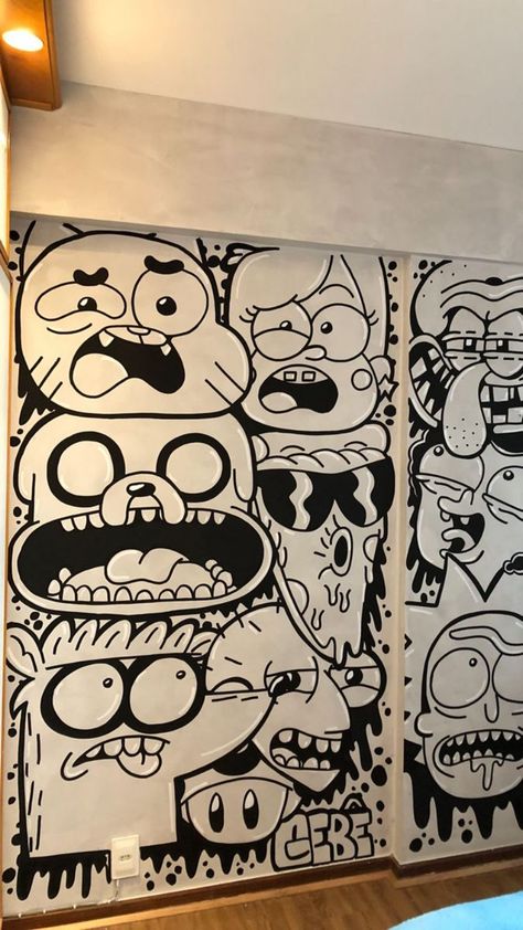 coloring pages 🛑 Drawing On Walls Bedrooms, Wall Doodle Art Bedroom, Wall Graffiti Ideas, Cartoon Wall Painting Ideas, Doodle Mural, Anime Mural, Bedroom Art Painting, Graffiti Room, Cartoon Wall Painting