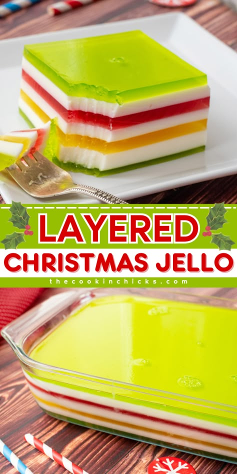 The must-try treat to make at home is this Layered Christmas Jello! It's a colorful and festive looking recipe that is perfect for Christmas dessert idea. It's easy and quick to prepare and only requires a few ingredients. Doing this together with your kids is a fun activity to have this holiday. It is a great treat to make at home and will be a family favorite! Hawaiian Jello Dessert, Christmas Layered Jello, Simple Jello Recipes, Holiday Jello Recipes, Jello Pudding Cheesecake Recipes, Christmas Jello Salad Recipes, Christmas Jello Desserts, Jello Salads For Christmas, Jello Ideas For Kids