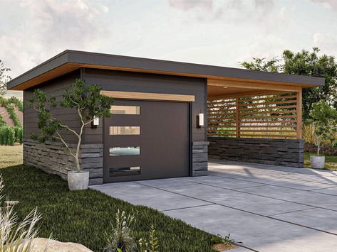 050G-0216: Modern 1-Car Garage Plan with Carport Enclosed Garage, Carport Addition, Enclosed Carport, Detached Garage Designs, Carport With Storage, Carport Plans, Garage Parking, Garage Exterior, Carport Garage