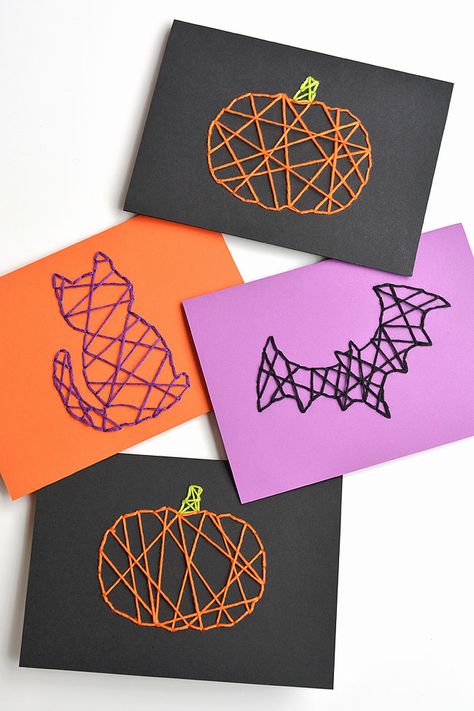 Halloween string art cards are SO FUN to make! This is a great fall craft for kids, teens, and adults! Make a pumpkin, bat, or any other spooktacular shape. Send a fun Halloween, Thanksgiving, or fall greeting this year with these handmade cards! Halloween Craft For Middle School, Halloween Crafts 5th Grade, Halloween Craft School, Fall Activities For School Age Kids, Halloween Crafts For Teenagers, Halloween Crafts For Middle Schoolers, Halloween Crafts For 4th Graders, First Grade Fall Crafts, Halloween Arts And Crafts For Adults