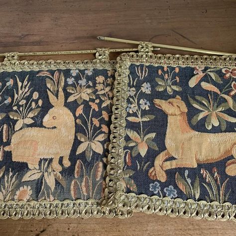 Pair of medieval style tapestries, one representing a dog and the other a rabbit. Very fine work, pretty colors and good condition. Flemish Art, Medieval Wall Hanging, Medieval Tapestry Pattern, Medieval Tapestry Aesthetic, Scottish Tapestry, The Last Unicorn Tapestry, Medieval Tapestries, Tapestry Hanger, Medieval Tapestry Wall Hangings