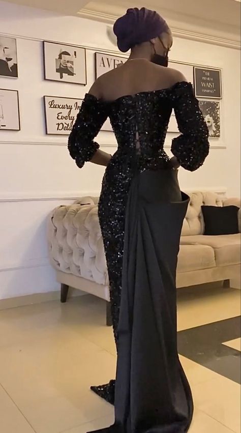 Extravagant African Dresses, Black Dinner Gowns Nigerian, Nigerian Sequence Gown Styles, Owambe Ankara Long Gown Styles, Sequins Gown Styles Nigeria, Dinner Gowns Nigerian, Velvet Dress Long Classy Nigeria, Nigerian Prom Dress, Nigerian Traditional Wear