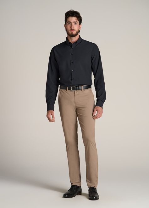 About Our Extra-Long Men's Shirt Reliable and versatile, you can wear this traveler shirt for tall men on any trip, to any meeting, with any outfit. Made of a polyester and spandex blend, it's as comfortable as your favorite tee with the class of a formal dress shirt. It has just the right amount of stretch so you can take it anywhere, whether you're catching flights or taking a big meeting in the boardroom. You want to feel confident in the fit and style of your clothes, which can be hard if yo Cream And Black Outfits Men, Men’s Business Professional, Corporate Men Outfit, Male Teacher Outfits Elementary, Corporate Outfits For Men, Work Attire Men, Formal Office Wear Men, Men’s Wedding Guest Attire, Business Professional Men