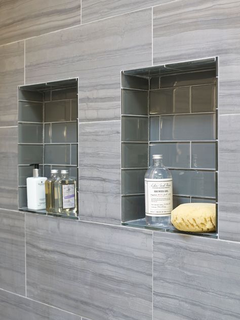 22 Clever and Stylish Shower Niche Ideas End Of Shower Shelves, Shower Wall Storage Built Ins, Shower With Two Niche, Shower Cubbies Ideas, Showers With Inset Shelves, Shower Niche Finishing, Shower Floor And Niche Tile, Two Shower Niches Side By Side, Shower Niche Accent Tile