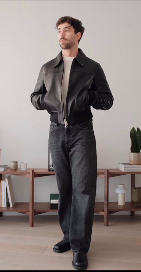 Mens Cropped Jacket Outfit, Leather Jacket Winter Outfit Men, Cropped Jacket Men Outfit, Leather Jacket Fits Men, Black Jean Jacket Outfits Men, Leather Black Jacket Outfit, Quiet Luxury Outfit Men, Black Leather Jacket Outfit Men, Quiet Luxury Men