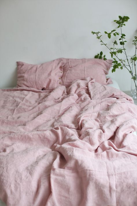 "Linen duvet cover in pink color handmade from soft and pre-washed pure linen fabric and handmade wooden buttons. The duvet cover is lightweight, breathable, regulates humidity, making this duvet cover a great choice for those looking for coziness and comfort in the bedroom. If you want complete linen bedding set, we recommend our linen pillowcases: https://www.etsy.com/shop/LinaraArt?ref=seller-platform-mcnav&section_id=22682891 -------------------------------------------------------------- Light Pink Duvet Cover, Autumn Details, Bedding Queen, Pink Duvet, Uni Room, Duvet Cover King, Studio Apt, Pink Duvet Cover, Future Apartment Decor