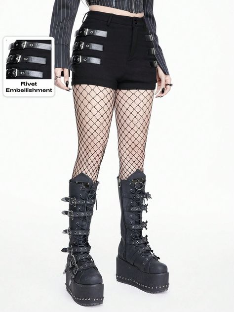 Grunge Punk Gothic Style Metal Belt Buckle Decor Ultra-Short Elastic Skinny Women's Shorts Black    Woven Fabric Plain Track Shorts Medium Stretch  Women Clothing, size features are:Bust: ,Length: ,Sleeve Length: Goth Shorts, Grunge Shorts, Punk Shorts, Moda Grunge, Estilo Grunge, Grunge Punk, Printed Sleeveless Top, Track Shorts