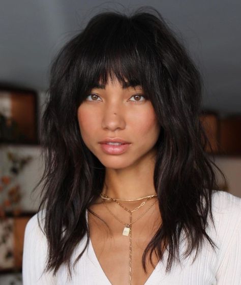 Choppy Shag with Eyebrow-Skimming Bangs Half Moon Bangs, Lob Haircut With Bangs, Collarbone Length Hair, Choppy Haircuts, Layered Haircuts With Bangs, Textured Haircut, Bangs For Round Face, Bob Hairstyles With Bangs, Choppy Bob